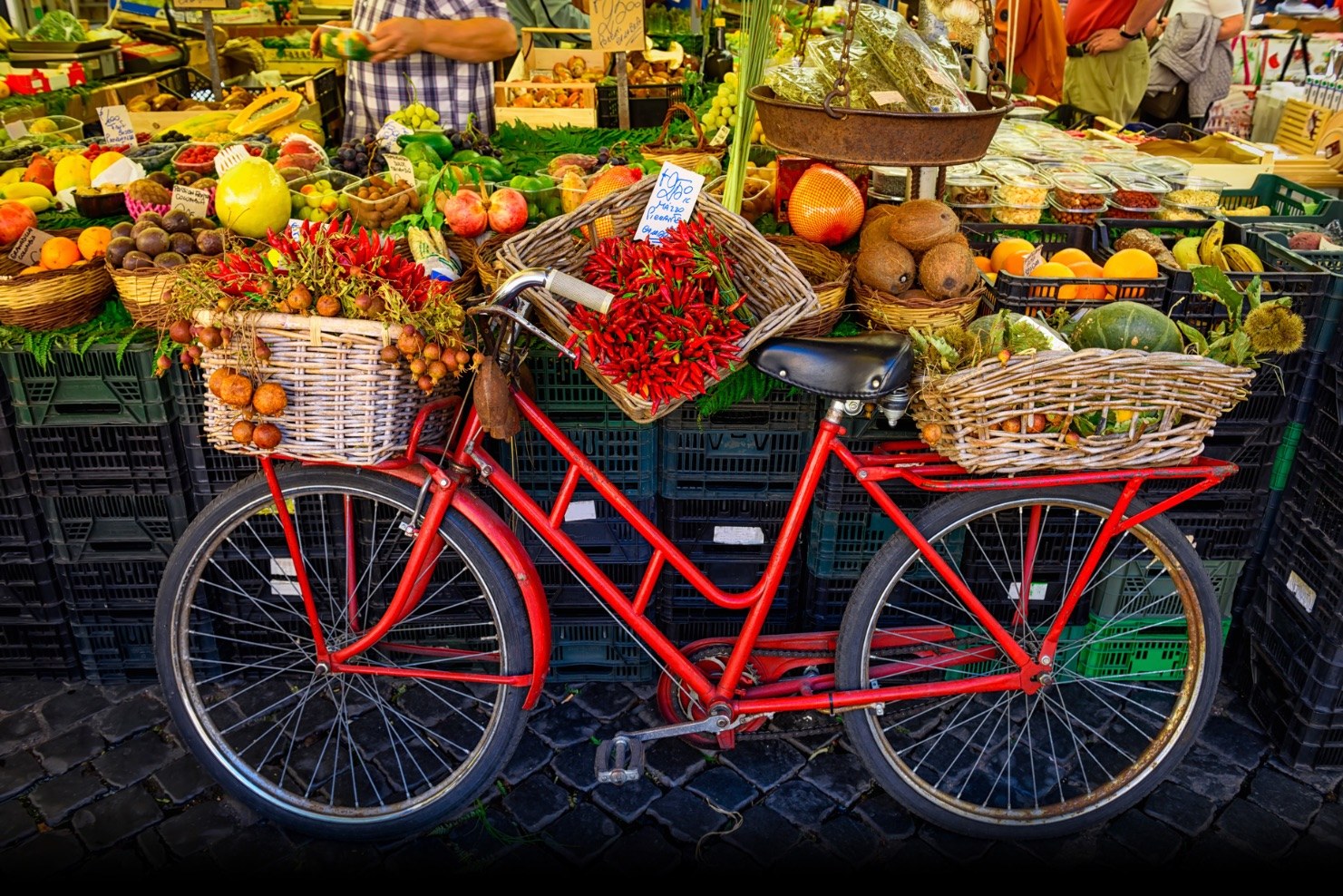European market bicycle surrounded by fresh produce